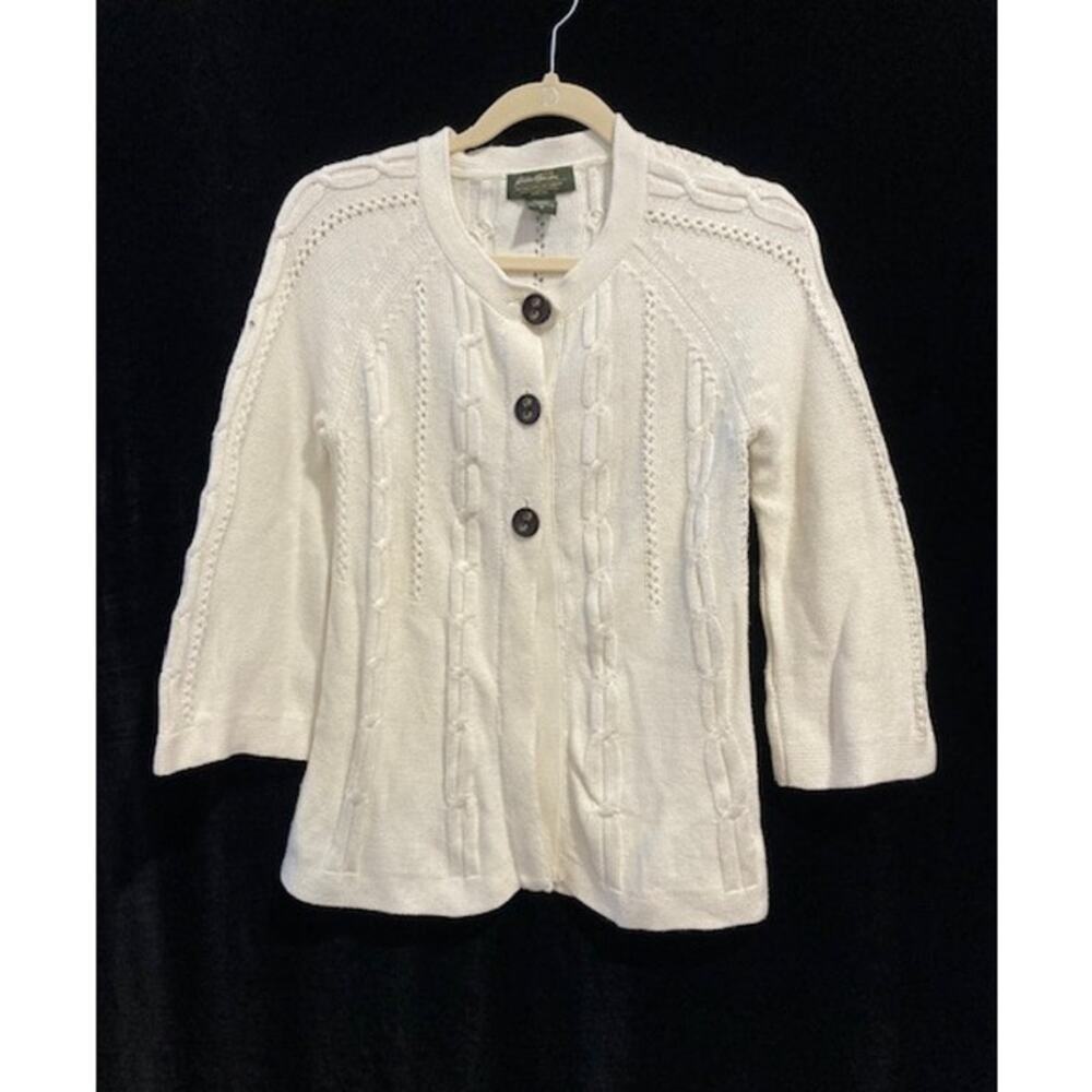 Eddie Bauer women's ivory 3-button women's knit cardigan.
